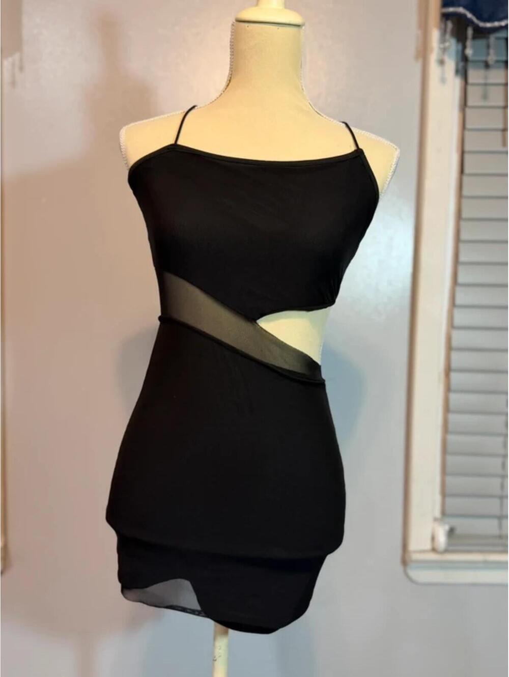 Black Cut Out Mesh Mini Dress Y2K Club Bodycon Sheer Sleeve Strappy Back XS